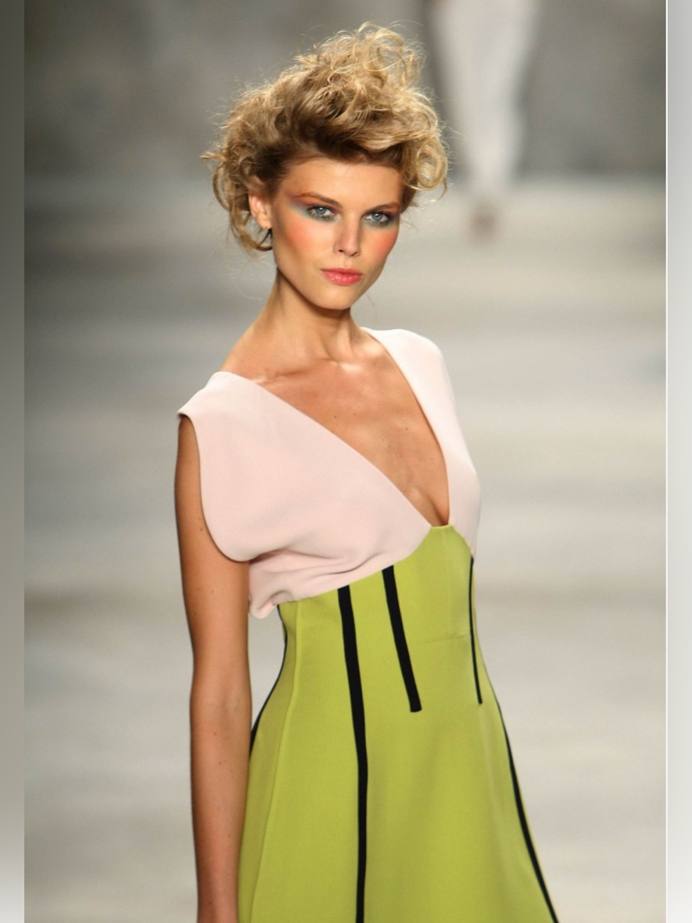 Derek Lam Vintage Deep Plunge Runway Couture Two-Tone Dress in Blush and Lime